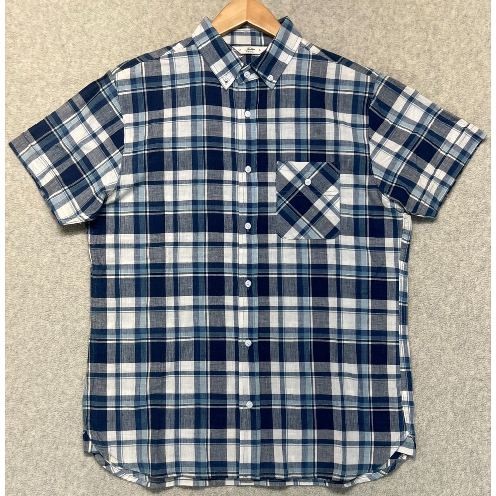 Z Sateen Mens Plaid Short Sleeve Button Down Shirt Blue White USA Made Western L